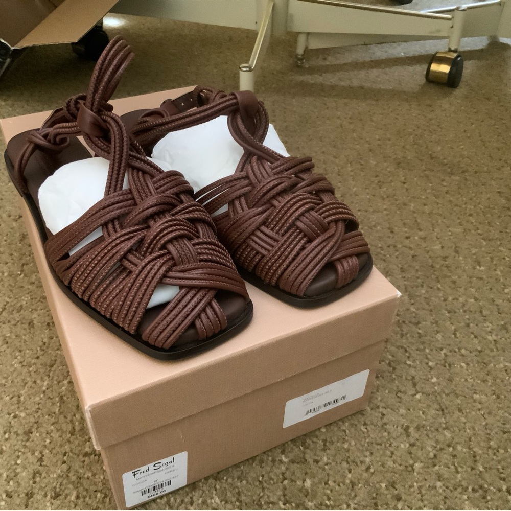 Braided Leather Strap Sandals in Dark Brown - Fred Segal